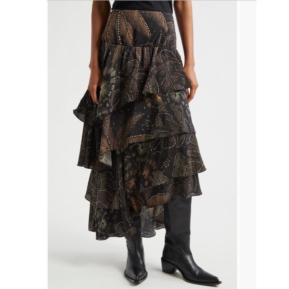 FARM RIO Golden Foliage Layered Asymmetrical Ruffle Maxi Skirt Medium